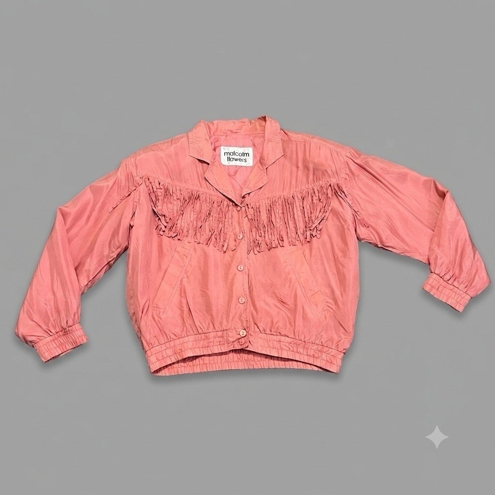 Vintage Malcolm Flowers Bomber Jacket Medium 100% Silk Fringe‎ Western Pink